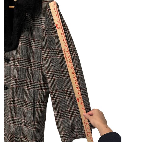 Huckberry Vintage M Plaid Wool Shearling Coat $550 Wide Lapel Long Jacket Gray - Picture 9 of 11